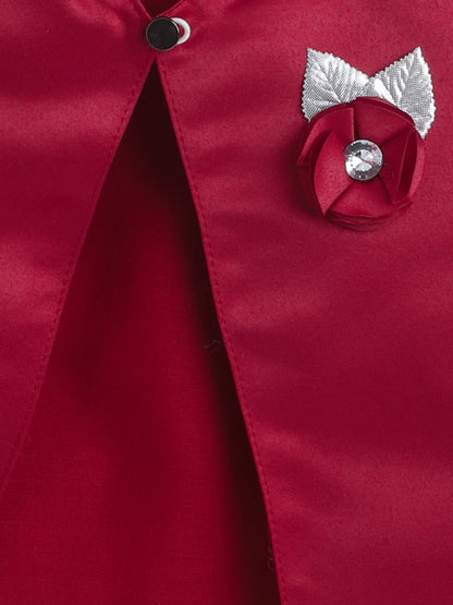 Satin Front Open Round Neck Without Collor Pleated Hem Three Fourth Sleeves Solid Shrug with Corsage For Girls Maroon