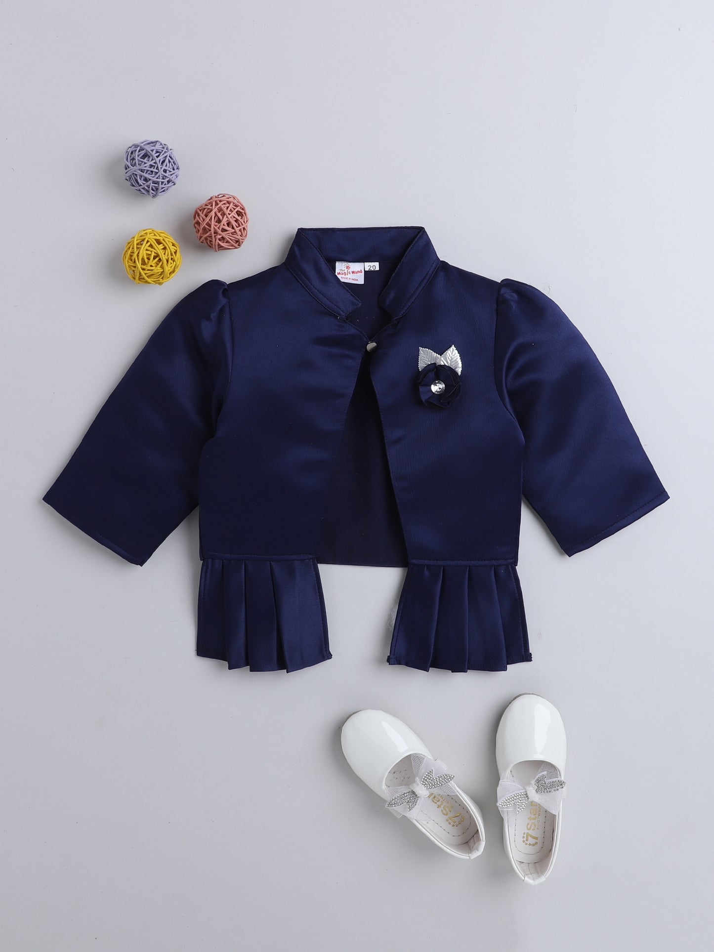 Satin Front Open Mandarin Collar Pleated Hem Three Fourth Sleeves Solid Shrug with Corsage For Girls Navy Blue