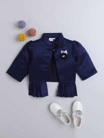 Satin Front Open Mandarin Collar Pleated Hem Three Fourth Sleeves Solid Shrug with Corsage For Girls Navy Blue