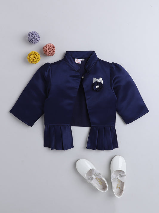 Satin Front Open Mandarin Collar Pleated Hem Three Fourth Sleeves Solid Shrug with Corsage For Girls Navy Blue