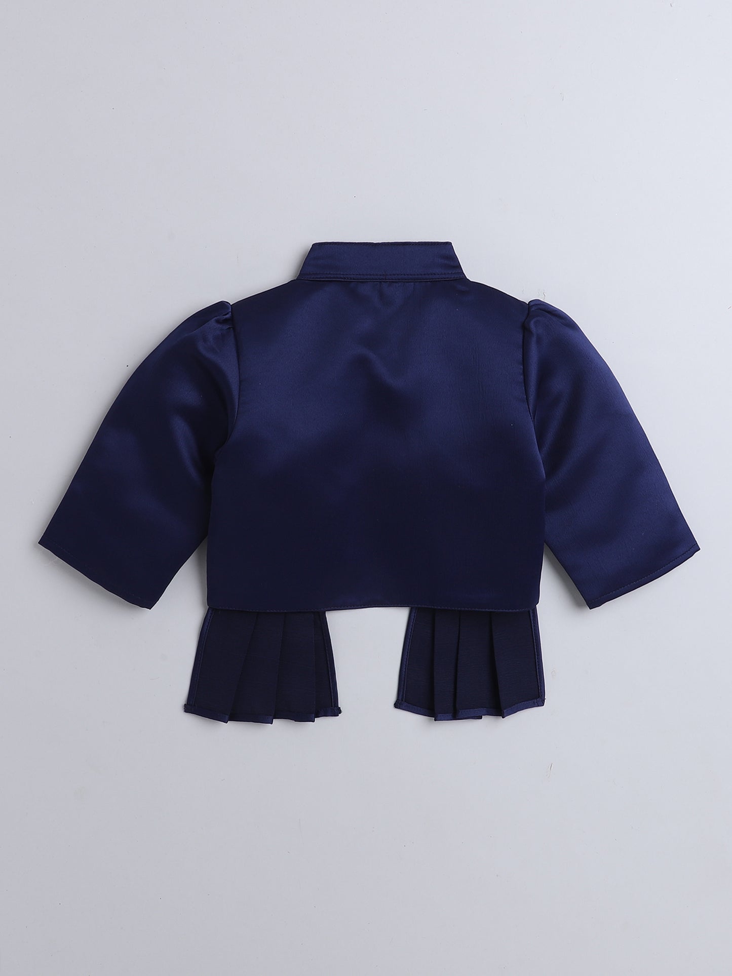 Satin Front Open Mandarin Collar Pleated Hem Three Fourth Sleeves Solid Shrug with Corsage For Girls Navy Blue