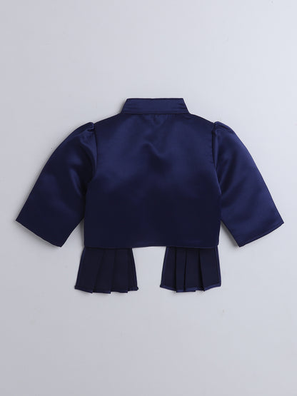 Satin Front Open Mandarin Collar Pleated Hem Three Fourth Sleeves Solid Shrug with Corsage For Girls Navy Blue