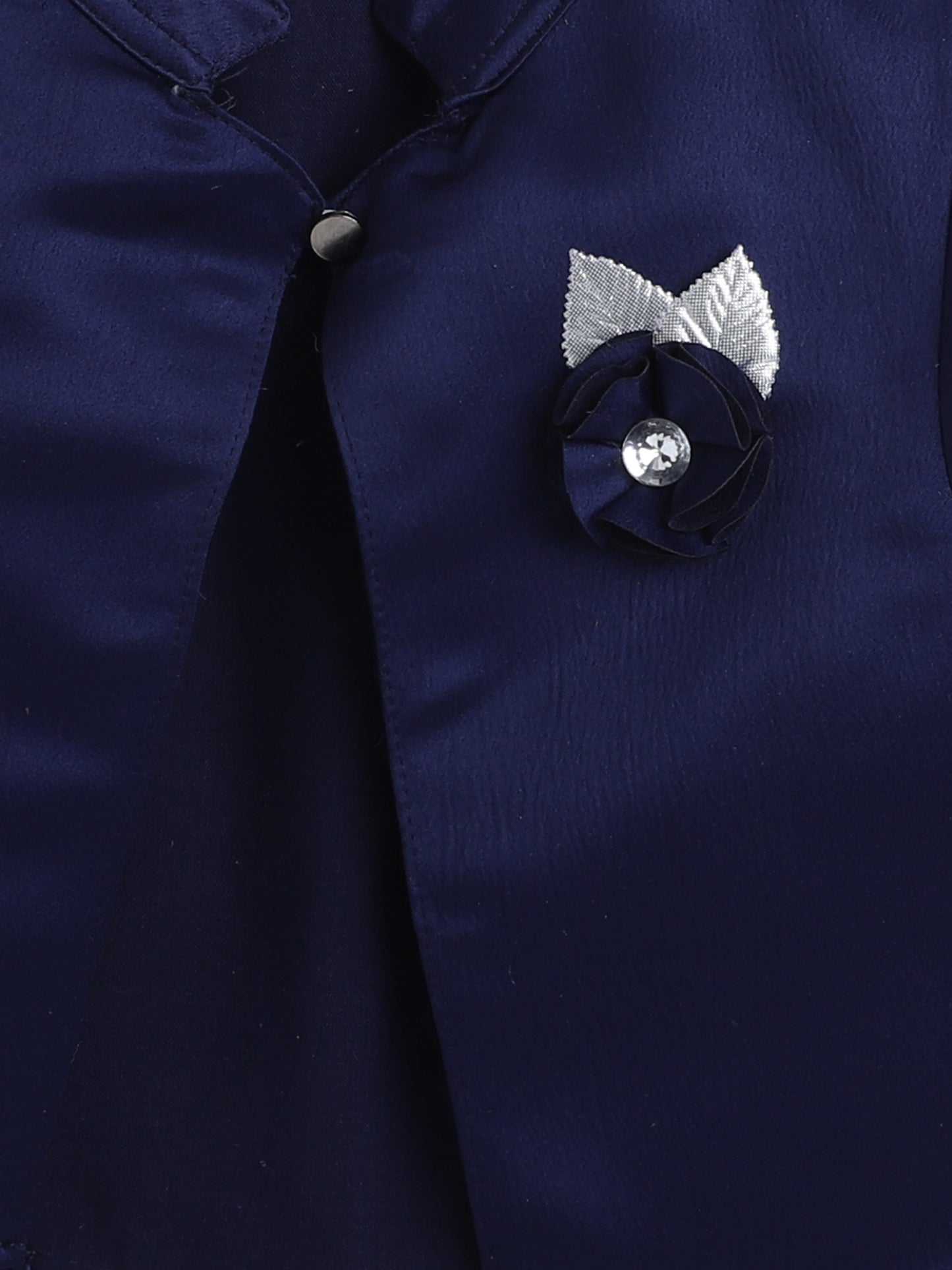 Satin Front Open Mandarin Collar Pleated Hem Three Fourth Sleeves Solid Shrug with Corsage For Girls Navy Blue