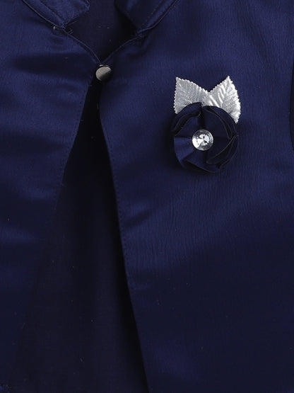 Satin Front Open Mandarin Collar Pleated Hem Three Fourth Sleeves Solid Shrug with Corsage For Girls Navy Blue