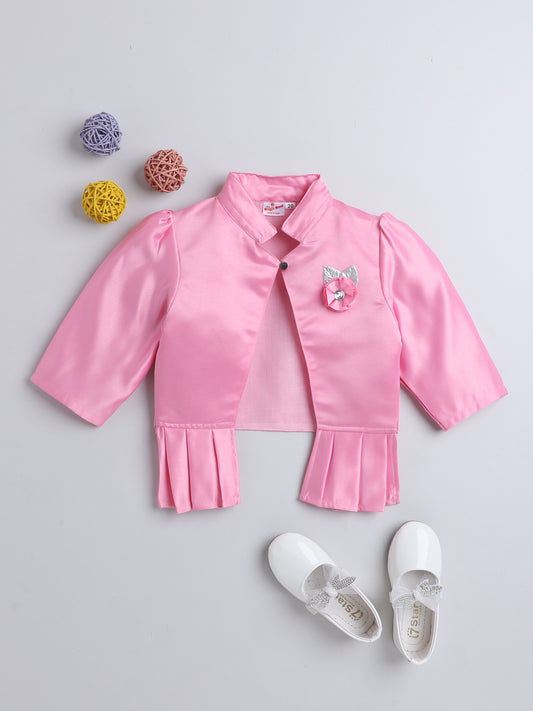 Satin Front Open Mandarin Collar Pleated Hem Three Fourth Sleeves Solid Shrug with Corsage For Girls Baby Pink