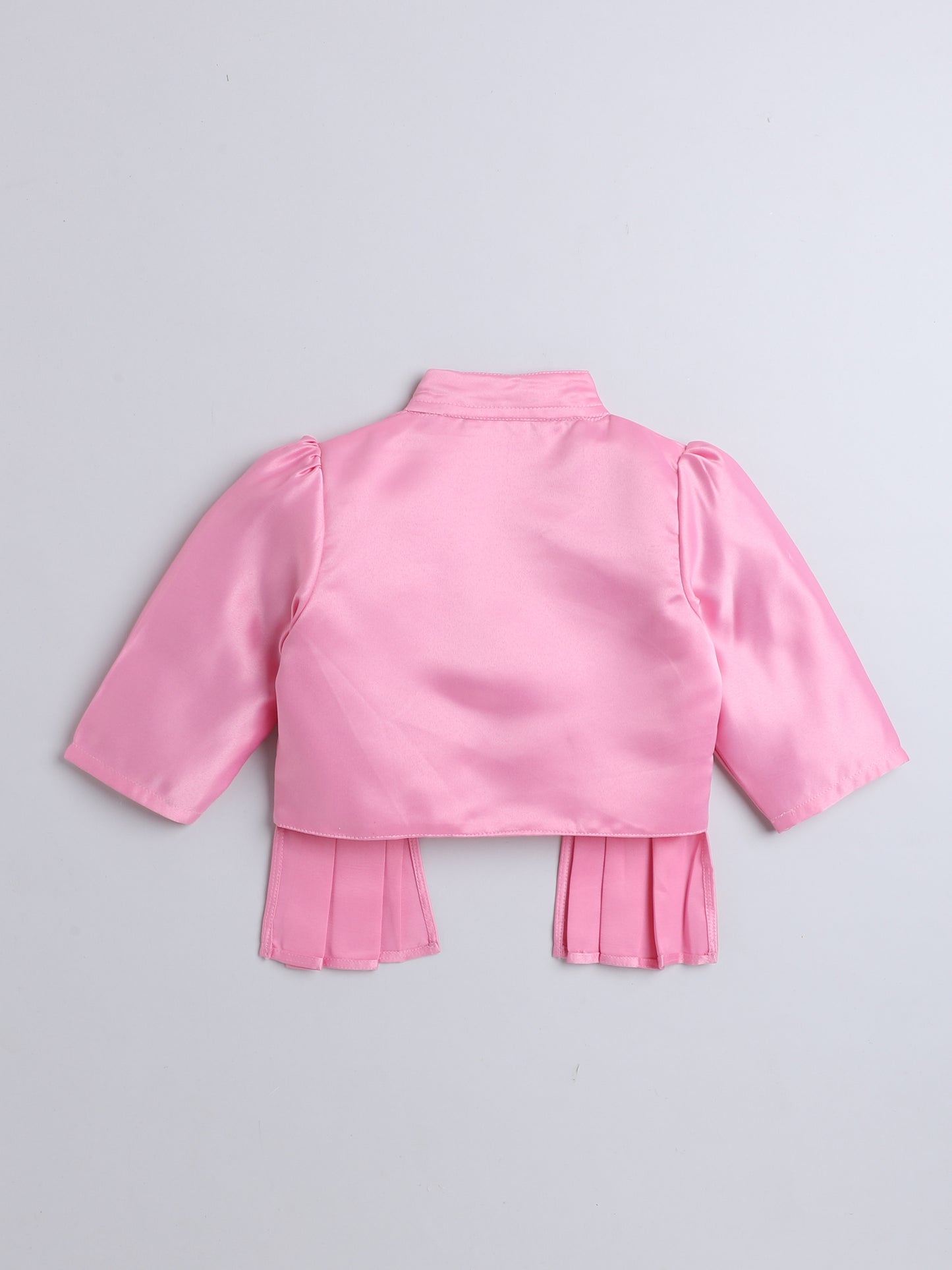 Satin Front Open Mandarin Collar Pleated Hem Three Fourth Sleeves Solid Shrug with Corsage For Girls Baby Pink