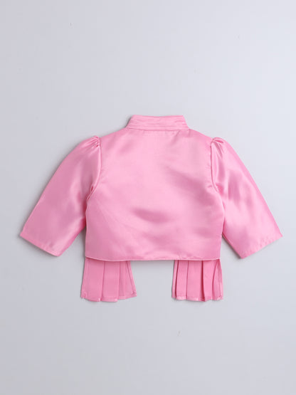 Satin Front Open Mandarin Collar Pleated Hem Three Fourth Sleeves Solid Shrug with Corsage For Girls Baby Pink
