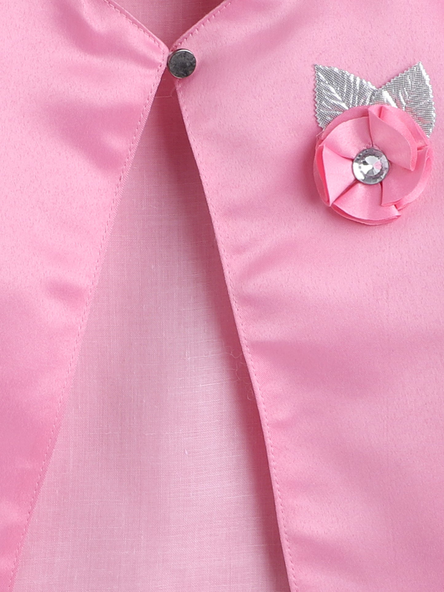 Satin Front Open Mandarin Collar Pleated Hem Three Fourth Sleeves Solid Shrug with Corsage For Girls Baby Pink
