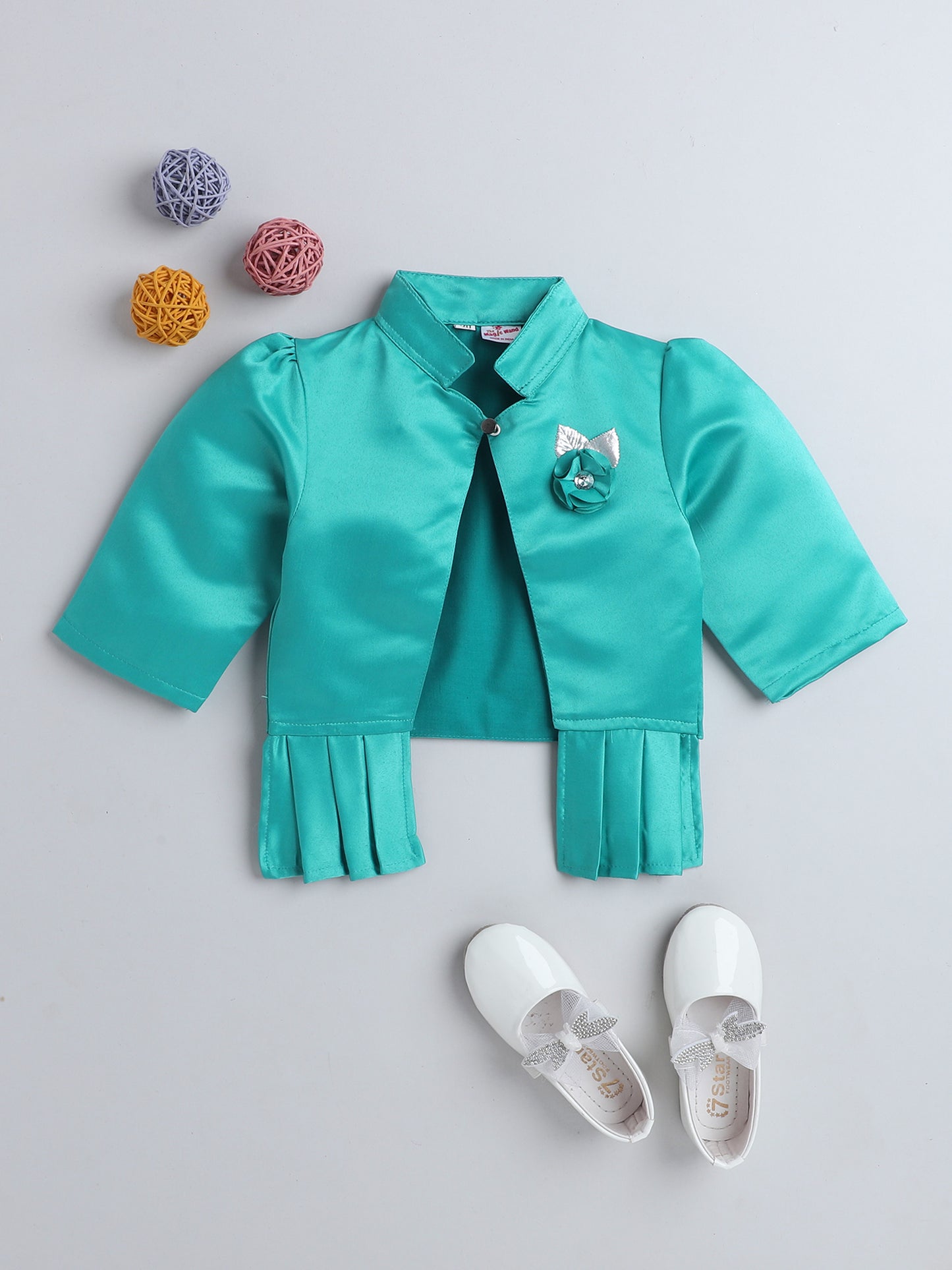 Satin Front Open Mandarin Collar Pleated Hem Three Fourth Sleeves Solid Shrug with Corsage For Girls Sea Green