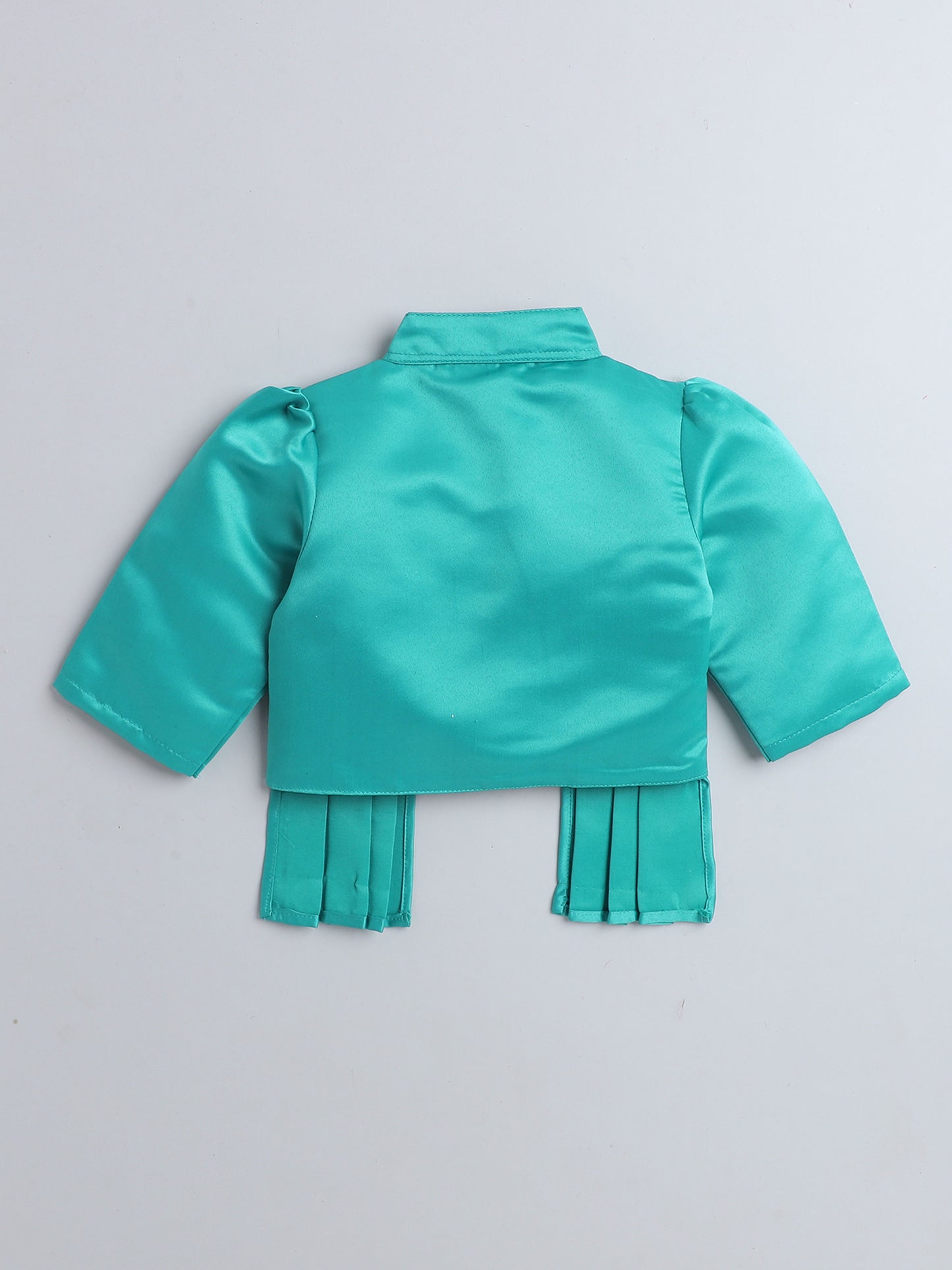 Satin Front Open Mandarin Collar Pleated Hem Three Fourth Sleeves Solid Shrug with Corsage For Girls Sea Green