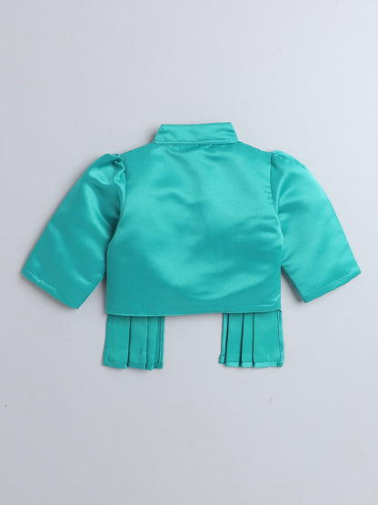 Satin Front Open Mandarin Collar Pleated Hem Three Fourth Sleeves Solid Shrug with Corsage For Girls Sea Green