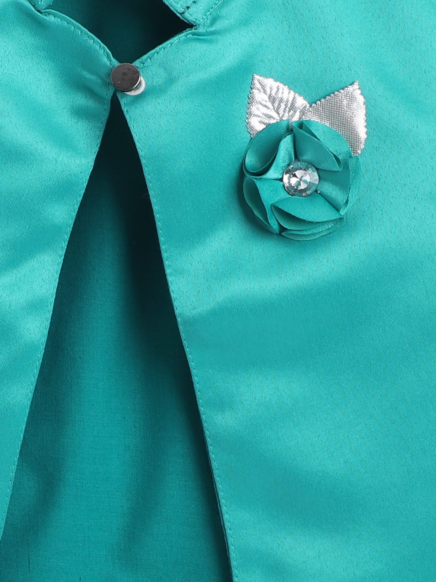 Satin Front Open Mandarin Collar Pleated Hem Three Fourth Sleeves Solid Shrug with Corsage For Girls Sea Green