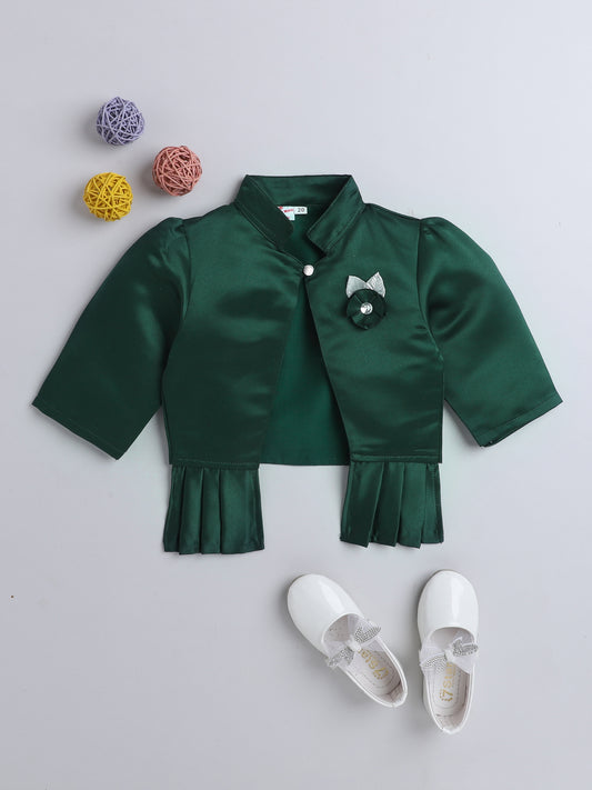 Satin Front Open Mandarin Collar Pleated Hem Three Fourth Sleeves Solid Shrug with Corsage For Girls Bottle Green