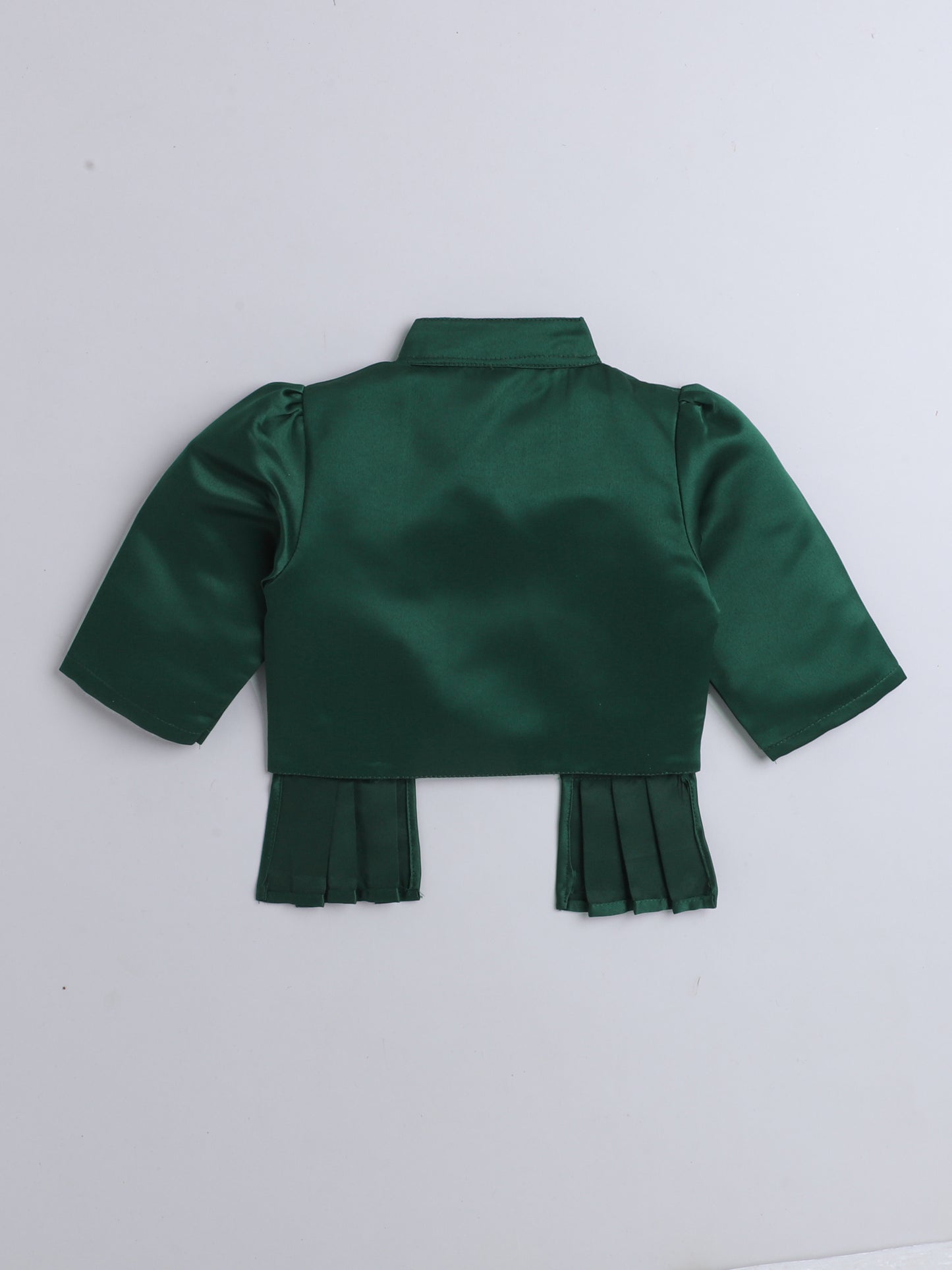 Satin Front Open Mandarin Collar Pleated Hem Three Fourth Sleeves Solid Shrug with Corsage For Girls Bottle Green