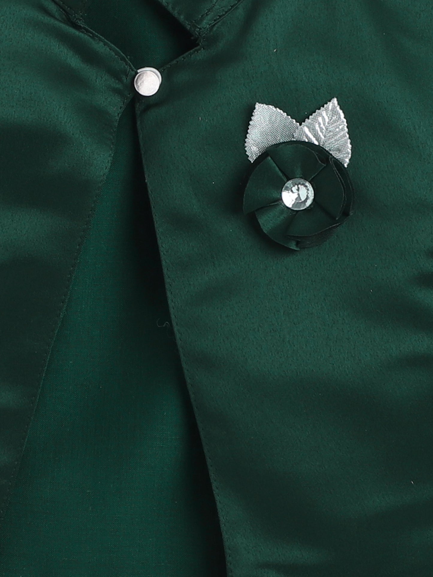Satin Front Open Mandarin Collar Pleated Hem Three Fourth Sleeves Solid Shrug with Corsage For Girls Bottle Green