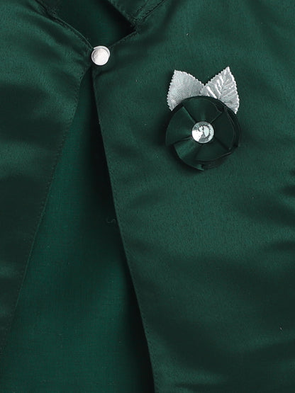 Satin Front Open Mandarin Collar Pleated Hem Three Fourth Sleeves Solid Shrug with Corsage For Girls Bottle Green