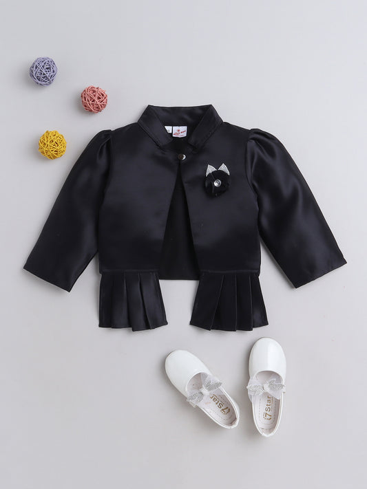 Satin Front Open Mandarin Collar Pleated Hem Three Fourth Sleeves Solid Shrug with Corsage For Girls Black