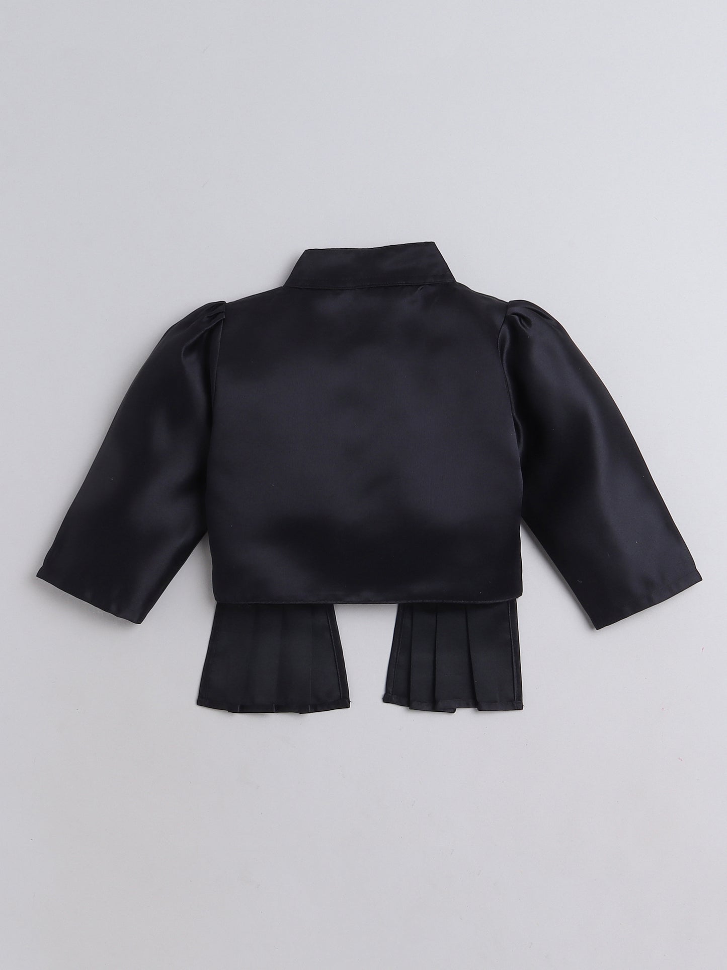 Satin Front Open Mandarin Collar Pleated Hem Three Fourth Sleeves Solid Shrug with Corsage For Girls Black