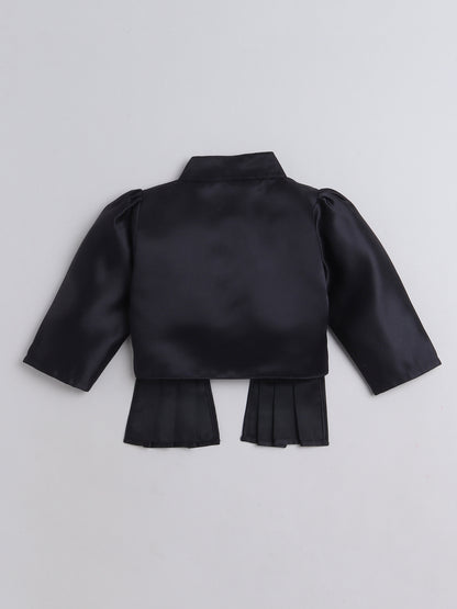 Satin Front Open Mandarin Collar Pleated Hem Three Fourth Sleeves Solid Shrug with Corsage For Girls Black