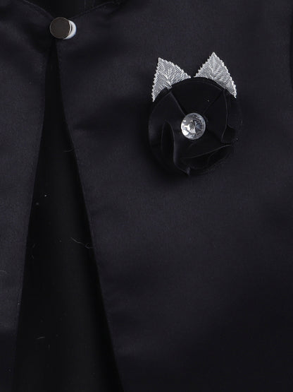 Satin Front Open Mandarin Collar Pleated Hem Three Fourth Sleeves Solid Shrug with Corsage For Girls Black