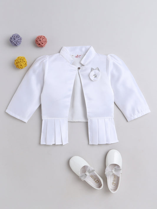 Satin Front Open Mandarin Collar Pleated Hem Three Fourth Sleeves Solid Shrug with Corsage For Girls White