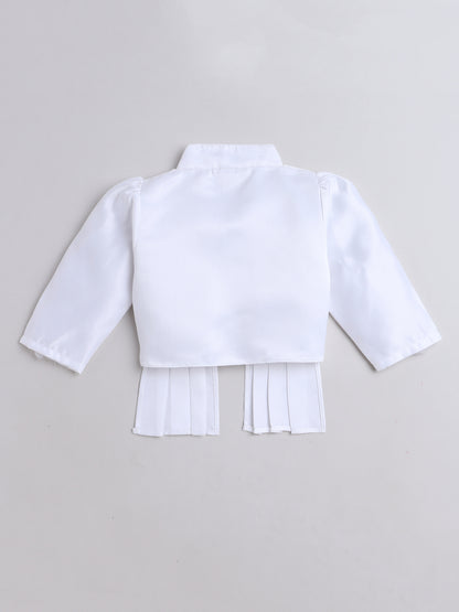 Satin Front Open Mandarin Collar Pleated Hem Three Fourth Sleeves Solid Shrug with Corsage For Girls White