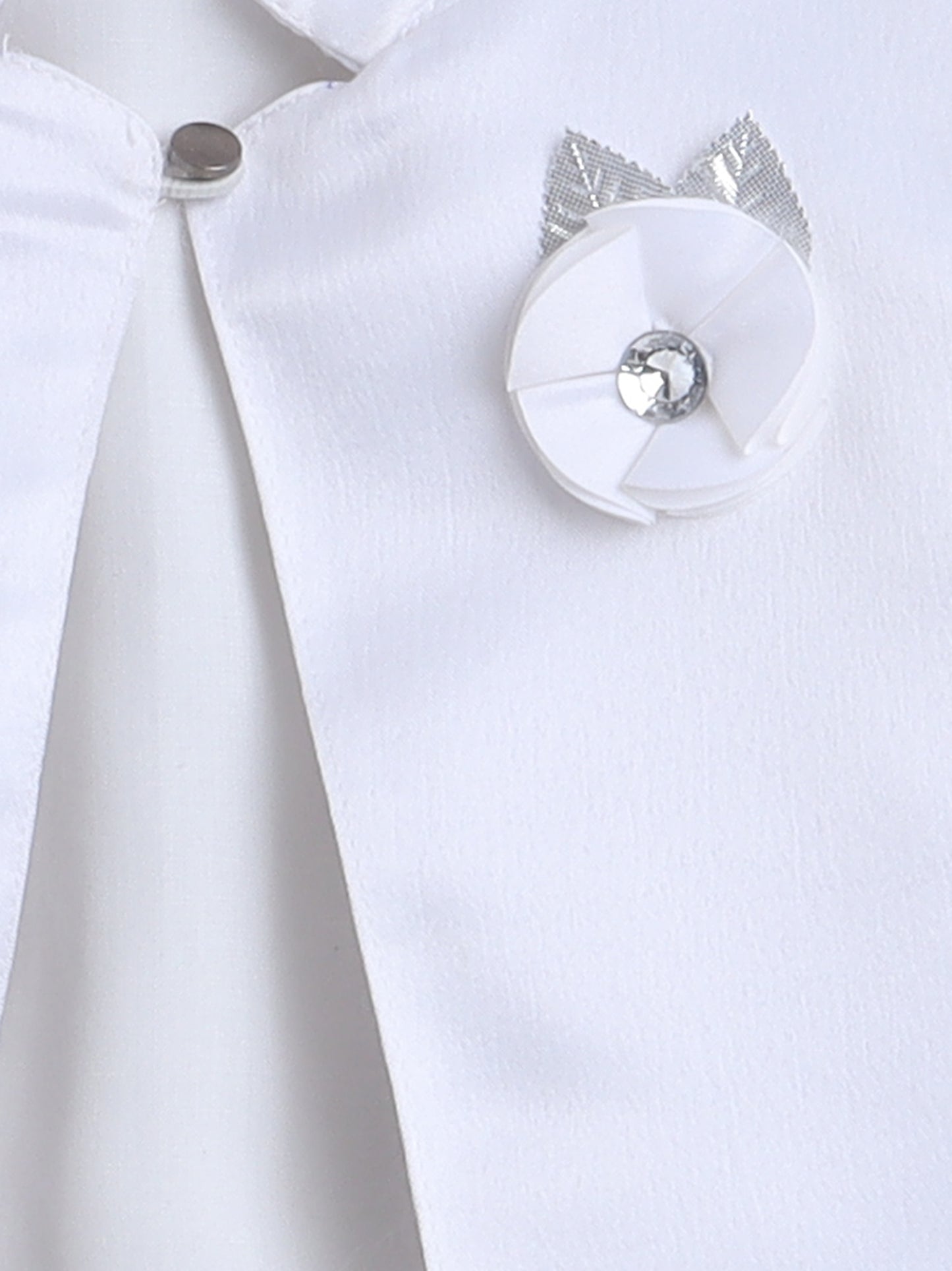 Satin Front Open Mandarin Collar Pleated Hem Three Fourth Sleeves Solid Shrug with Corsage For Girls White