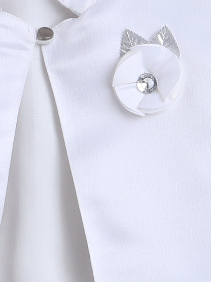 Satin Front Open Mandarin Collar Pleated Hem Three Fourth Sleeves Solid Shrug with Corsage For Girls White