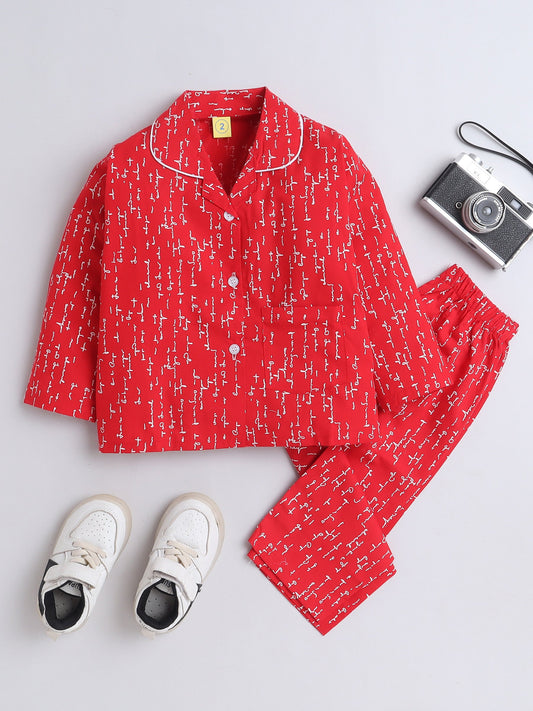 Cotton Woven Full Sleeves Typography Printed Coordinating Night Suit Set - Red