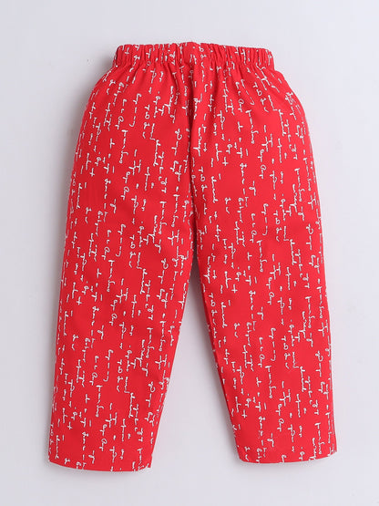 Cotton Woven Full Sleeves Typography Printed Coordinating Night Suit Set - Red