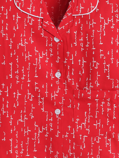 Full Sleeves Cotton Text Printed Night Suit Set Red
