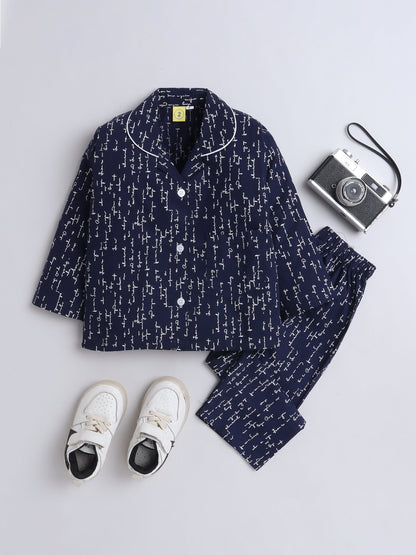 Cotton Woven Full Sleeves Typography Printed Coordinating Night Suit Set - Navy Blue