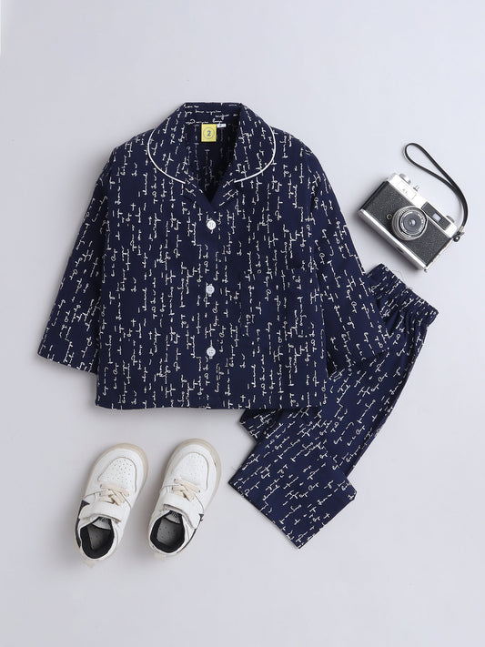 Cotton Woven Full Sleeves Typography Printed Coordinating Night Suit Set - Navy Blue