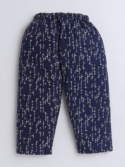 Cotton Woven Full Sleeves Typography Printed Coordinating Night Suit Set - Navy Blue