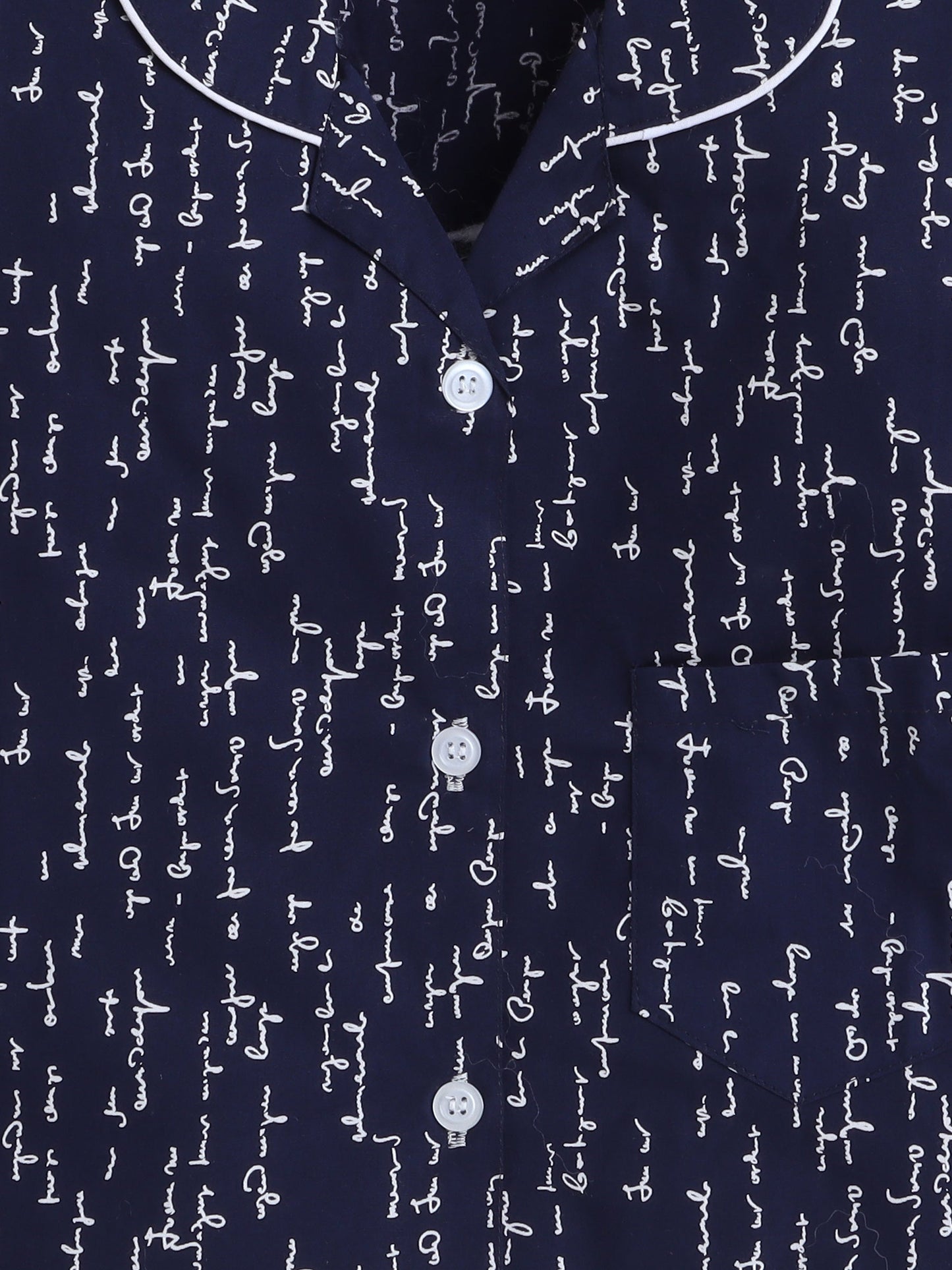 Cotton Woven Full Sleeves Typography Printed Coordinating Night Suit Set - Navy Blue
