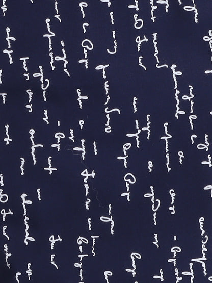 Full Sleeves Cotton Text Printed Night Suit Set Navy Blue