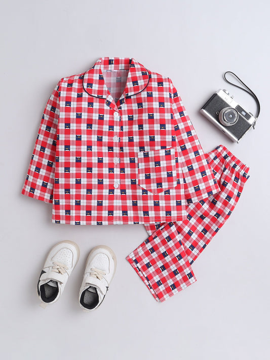 Cotton Woven Full Sleeves Bear Printed & Checked Coordinating Night Suit Set - Red