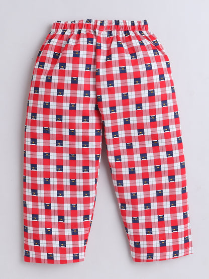 Full Sleeves Cotton Checks Printed Night Suit Set Red