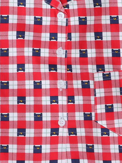 Full Sleeves Cotton Checks Printed Night Suit Set Red