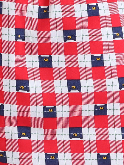 Full Sleeves Cotton Checks Printed Night Suit Set Red