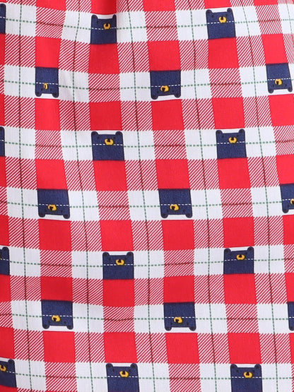 Cotton Woven Full Sleeves Bear Printed & Checked Coordinating Night Suit Set - Red