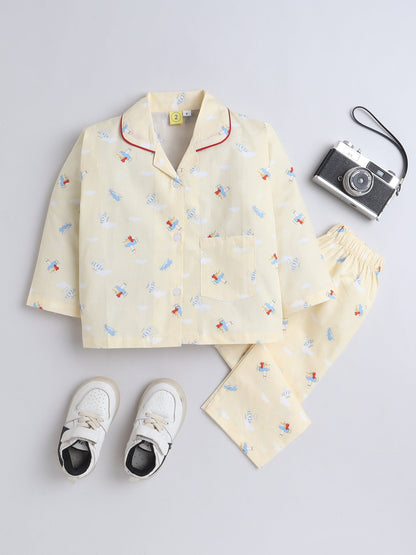 Cotton Woven Full Sleeves Aeroplane Printed Coordinating Night Suit Set - Yellow