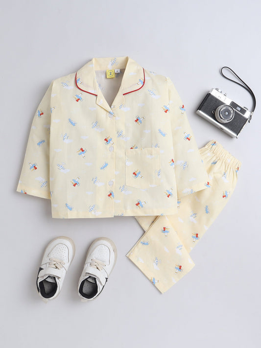 Cotton Woven Full Sleeves Aeroplane Printed Coordinating Night Suit Set - Yellow