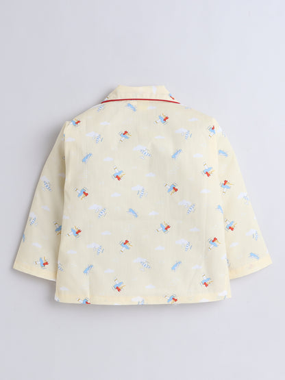 Full Sleeves Cotton Aeroplane Printed Night Suit Set Yellow