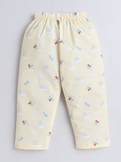 Full Sleeves Cotton Aeroplane Printed Night Suit Set Yellow