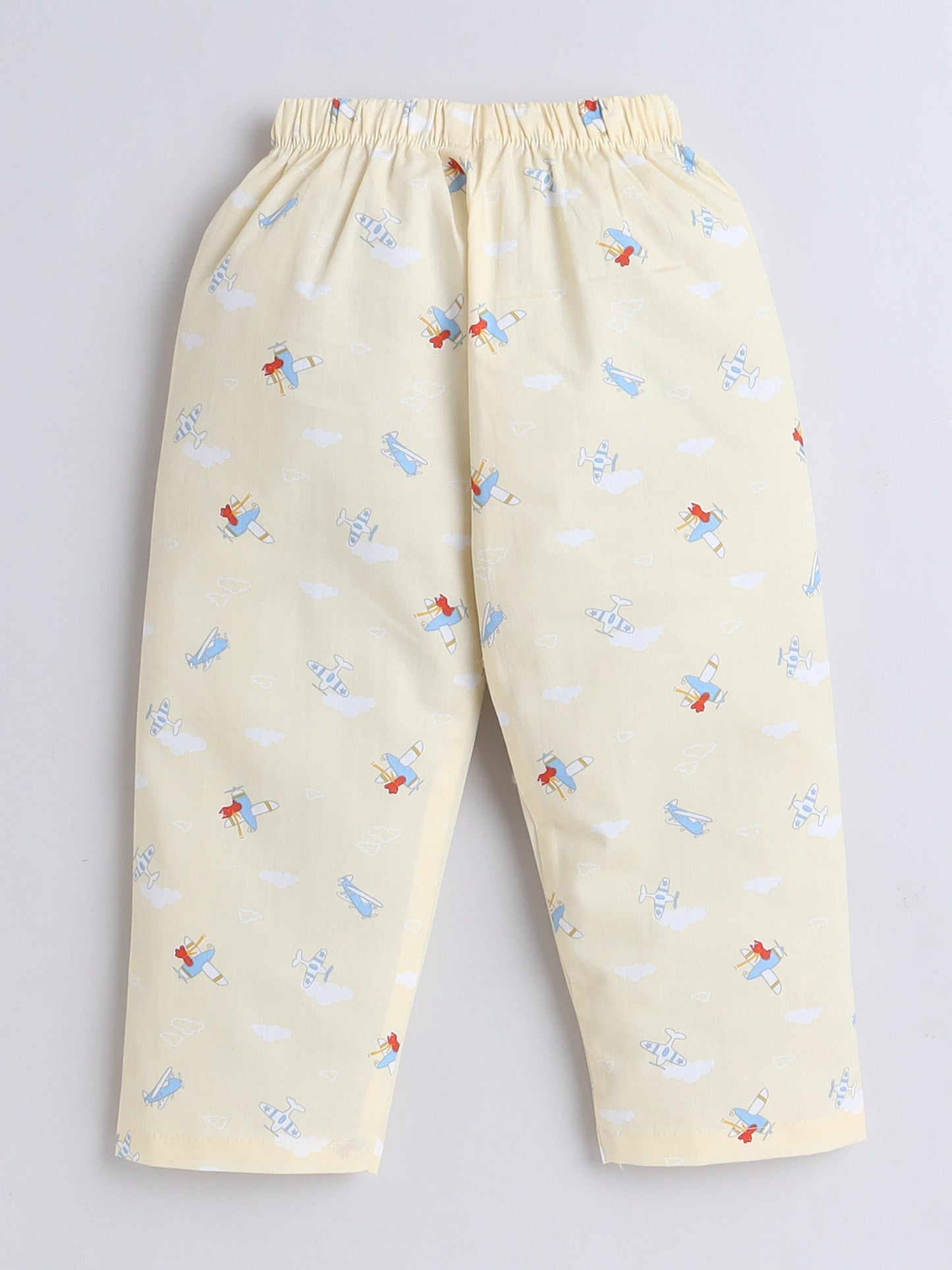 Cotton Woven Full Sleeves Aeroplane Printed Coordinating Night Suit Set - Yellow