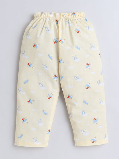 Cotton Woven Full Sleeves Aeroplane Printed Coordinating Night Suit Set - Yellow