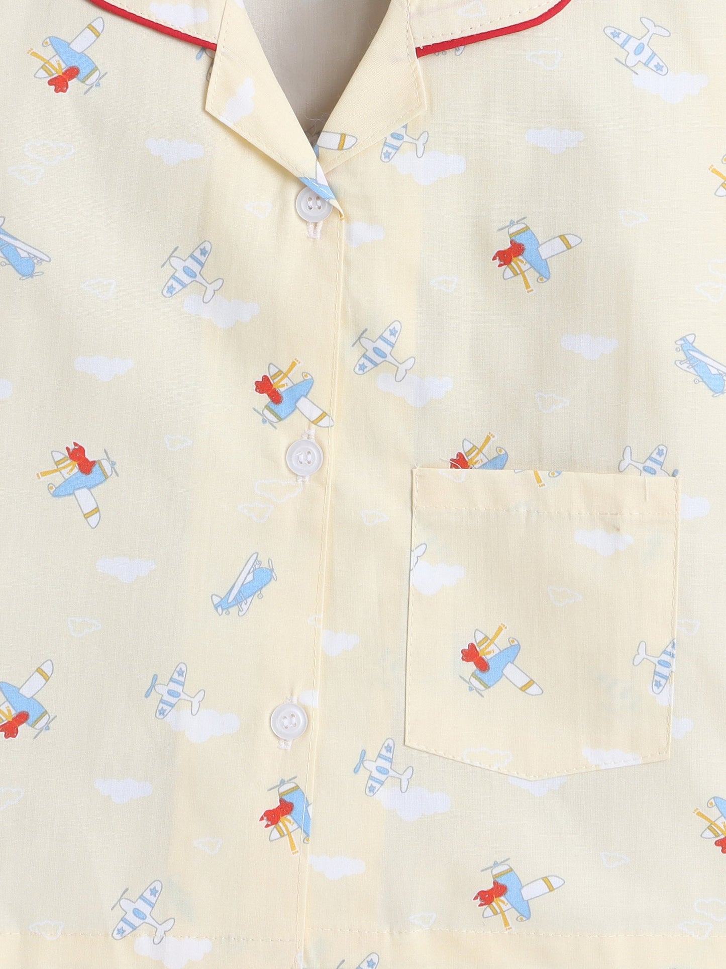 Cotton Woven Full Sleeves Aeroplane Printed Coordinating Night Suit Set - Yellow