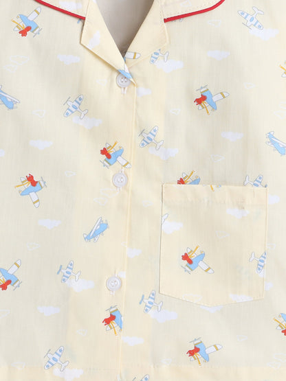 Cotton Woven Full Sleeves Aeroplane Printed Coordinating Night Suit Set - Yellow