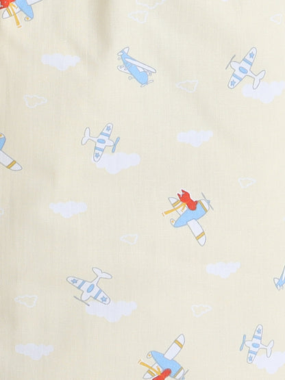 Cotton Woven Full Sleeves Aeroplane Printed Coordinating Night Suit Set - Yellow